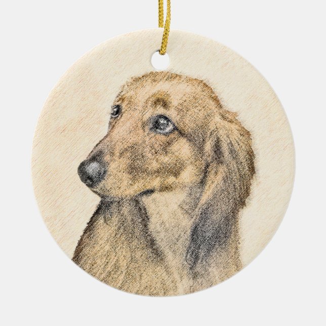 Dachshund (Longhaired) 2 Painting Original Dog Art Ceramic Tree Decoration (Front)