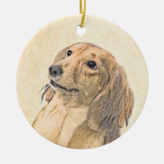 Dachshund (Longhaired) Painting - Original Dog Art Ceramic Tree Decoration (Front)