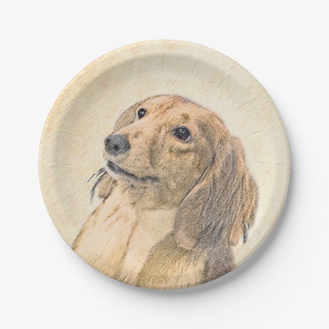 Dachshund (Longhaired) Painting - Original Dog Art Paper Plate (Front)