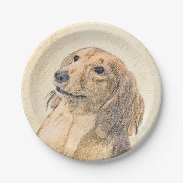 Dachshund (Longhaired) Painting - Original Dog Art Paper Plate (Front)