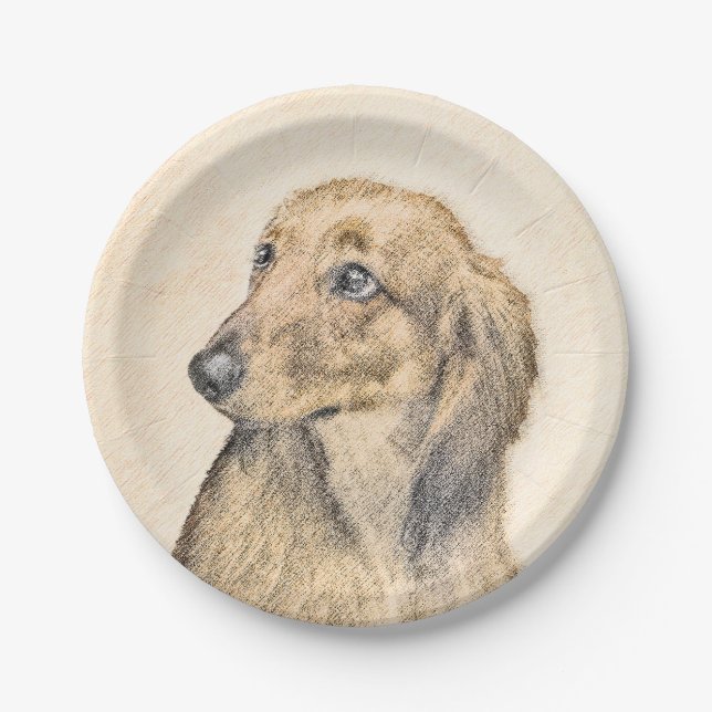 Dachshund (Longhaired) Painting - Original Dog Art Paper Plate (Front)