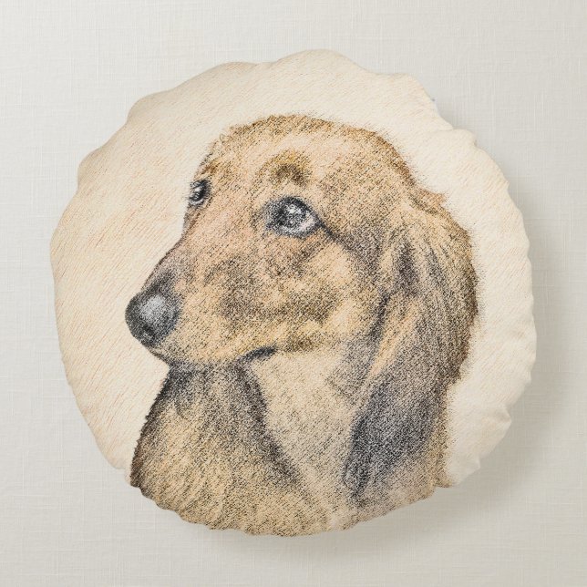 Dachshund (Longhaired) Painting - Original Dog Art Round Cushion (Back)