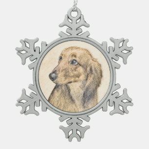 Dachshund (Longhaired) Painting - Original Dog Art Snowflake Pewter Christmas Ornament