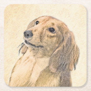 Dachshund (Longhaired) Painting - Original Dog Art Square Paper Coaster