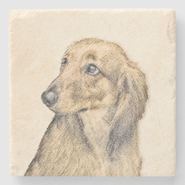 Dachshund (Longhaired) Painting - Original Dog Art Stone Coaster (Front)