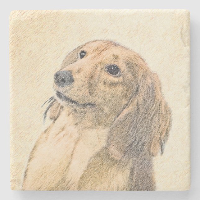 Dachshund (Longhaired) Painting - Original Dog Art Stone Coaster (Front)