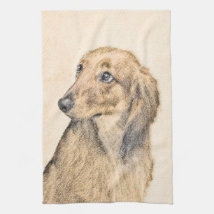 Dachshund (Longhaired) Painting - Original Dog Art Tea Towel