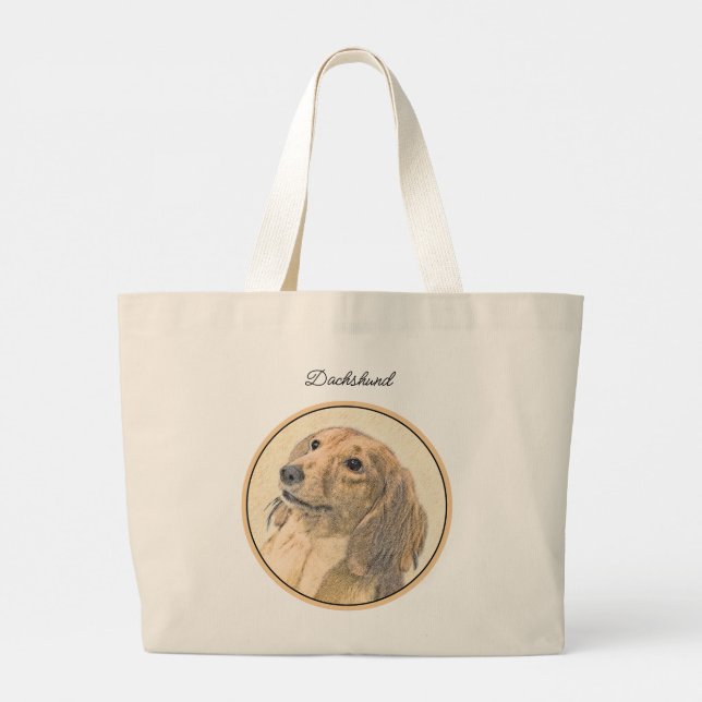Dachshund Longhaired Red Painting Original Dog Art Large Tote Bag (Back)