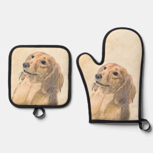 Dachshund Longhaired Red Painting Original Dog Art Oven Mitt & Pot Holder Set