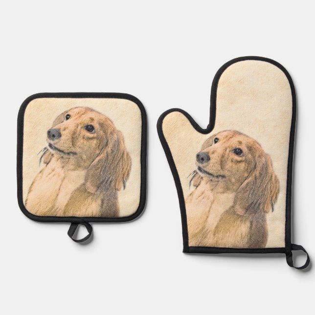 Dachshund Longhaired Red Painting Original Dog Art Oven Mitt & Pot Holder Set (Front)