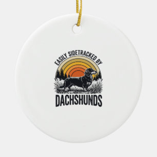 Dachshund Lover Shirt Easily Sidetracked Retro Art Ceramic Tree Decoration