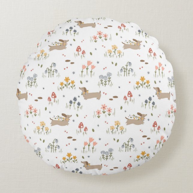 Dachshund Lover Weiner Dog Sausage Dog Wildflower Round Cushion (Front)