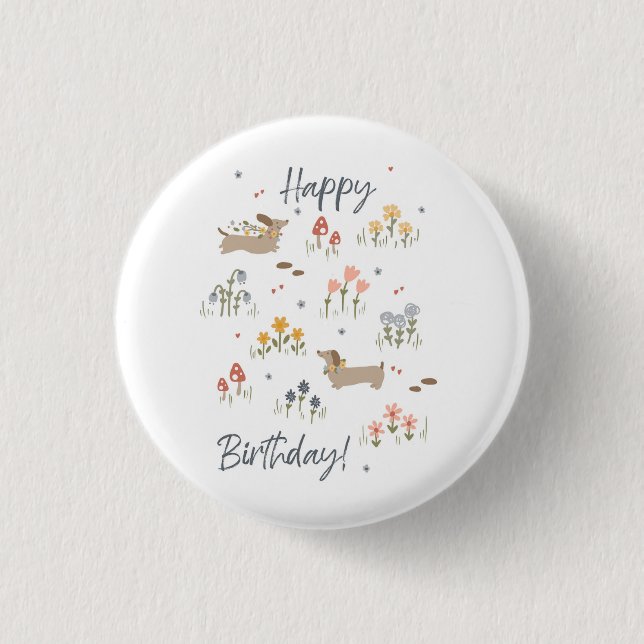 Dachshund Lovers Happy Birthday Floral Party 3 Cm Round Badge (Front)