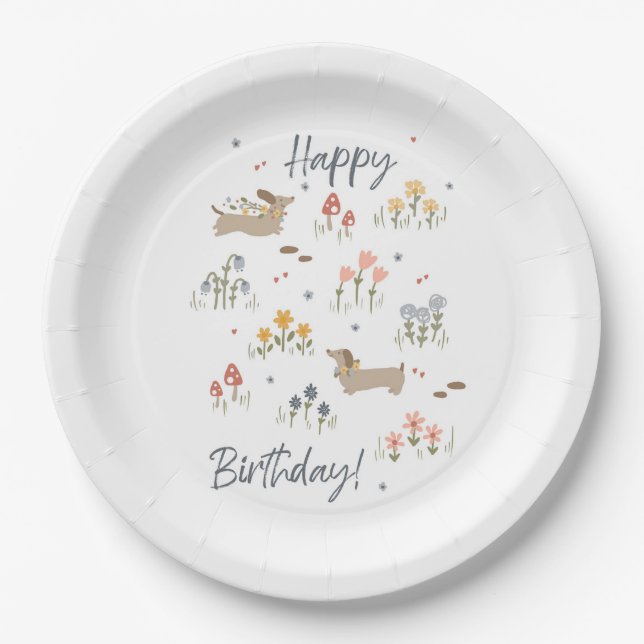 Dachshund Lovers Happy Birthday Floral Party Paper Plate (Front)