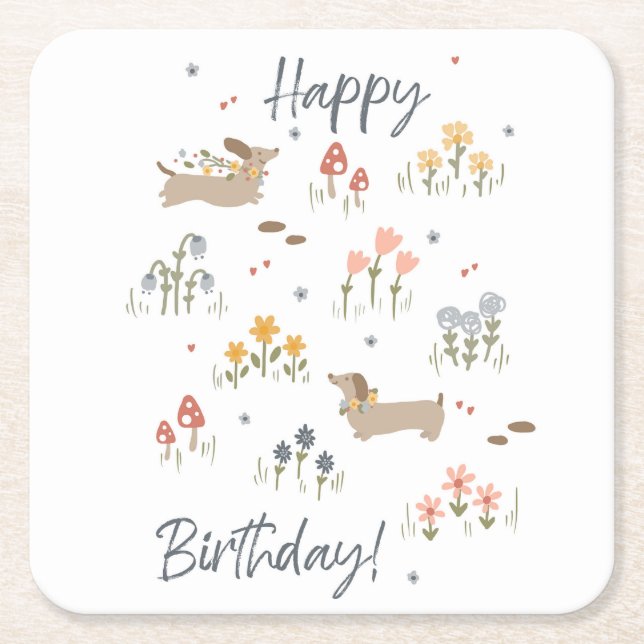 Dachshund Lovers Happy Birthday Floral Party Square Paper Coaster (Front)