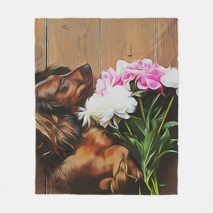 Dachshund Lying On The Wooden Floor Fleece Blanket