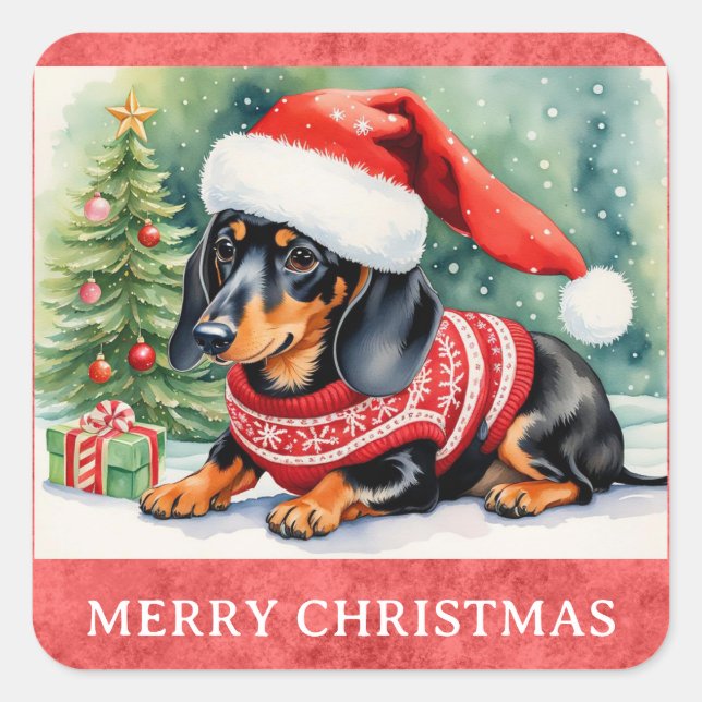 Dachshund Merry Christmas Cute Puppy Dog Square Sticker (Front)