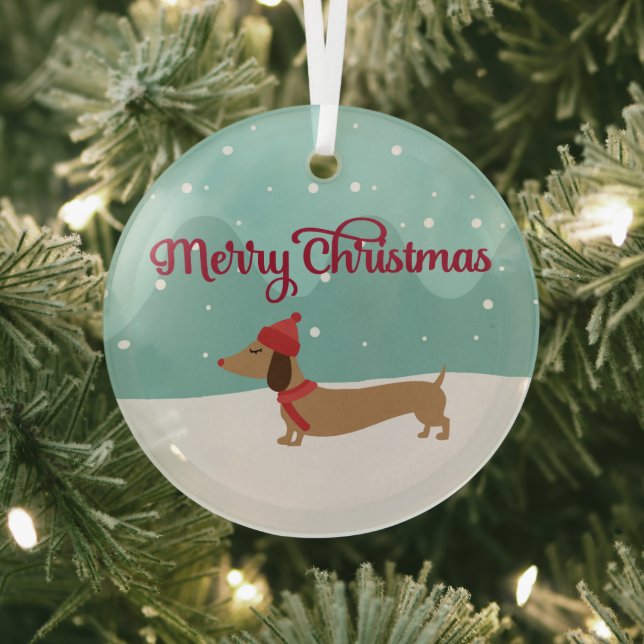 Dachshund Merry Christmas Tree Ornament Snowy (Insitu)