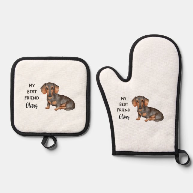 Dachshund My Best Friend Custom Pet Name Oven Mitt & Pot Holder Set (Front)