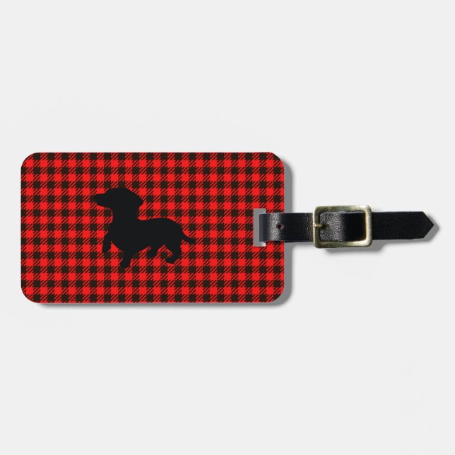Dachshund n’ Checks Luggage Tag w/ leather strap (Front Horizontal)
