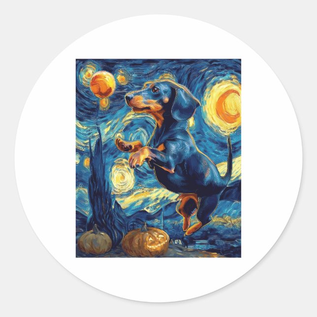 Dachshund of van gogh starry night halloween Funny Classic Round Sticker (Front)