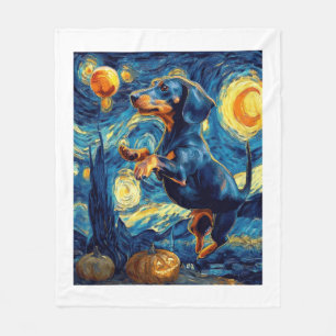 Dachshund of van gogh starry night halloween Funny Fleece Blanket