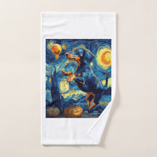 Dachshund of van gogh starry night halloween Funny Hand Towel