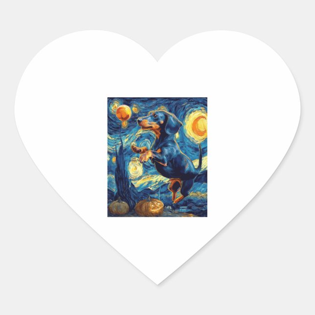 Dachshund of van gogh starry night halloween Funny Heart Sticker (Front)