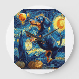 Dachshund of van gogh starry night halloween Funny Large Clock