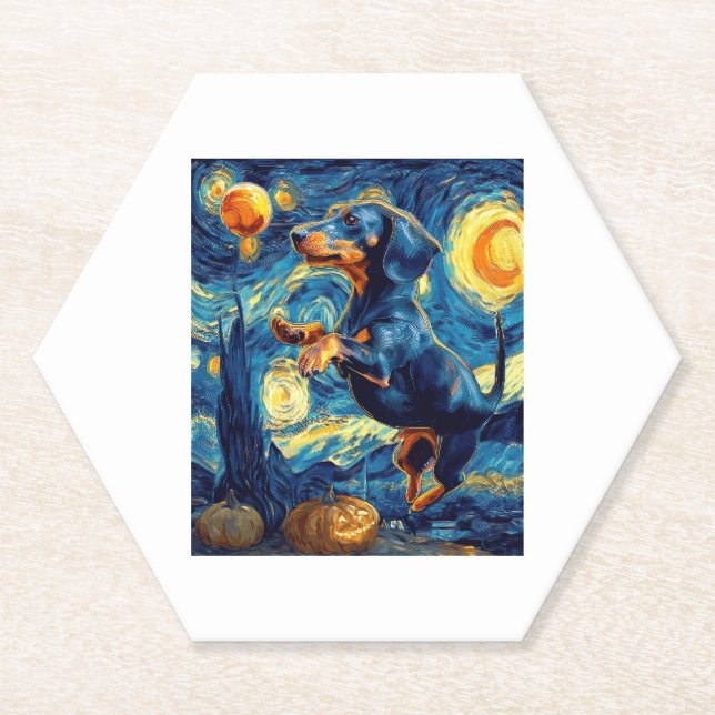 Dachshund of van gogh starry night halloween Funny Paper Coaster (Front)