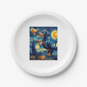 Dachshund of van gogh starry night halloween Funny Paper Plate