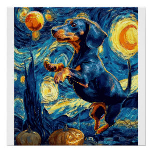Dachshund of van gogh starry night halloween Funny Poster