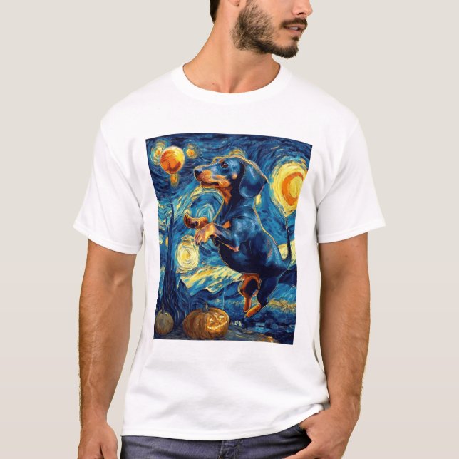 Dachshund of van gogh starry night halloween Funny T-Shirt (Front)