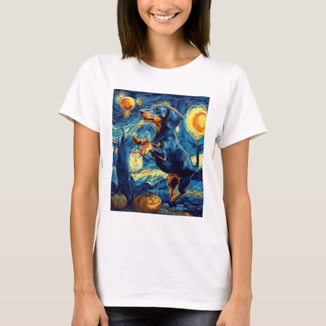 Dachshund of van gogh starry night halloween Funny T-Shirt (Front)