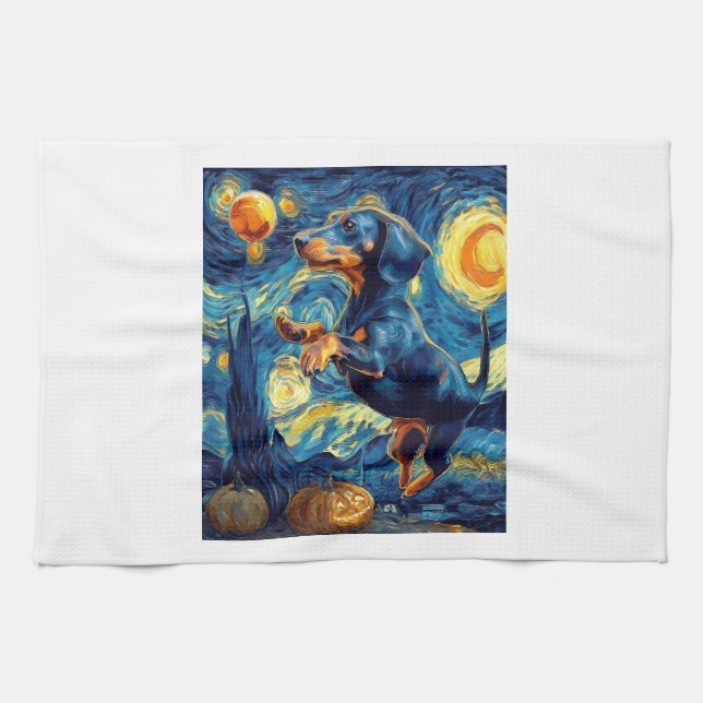 Dachshund of van gogh starry night halloween Funny Tea Towel (Horizontal)