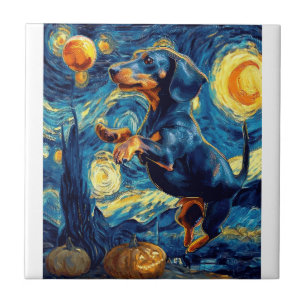 Dachshund of van gogh starry night halloween Funny Tile