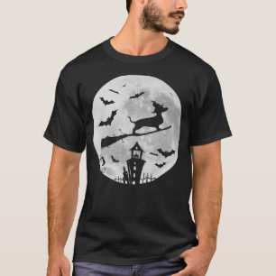 Dachshund on a Broomstick Moon Witch Sausage Dog H T-Shirt