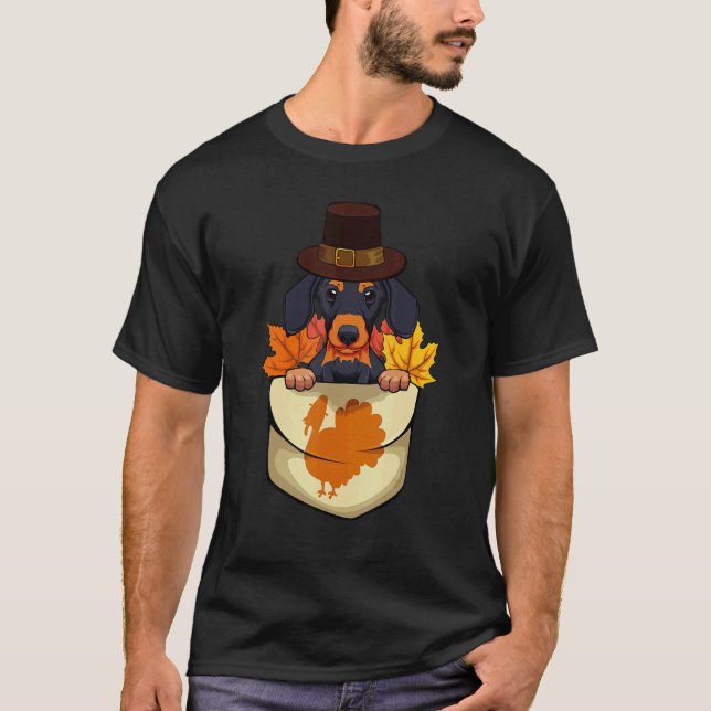 Dachshund On Pocket Thanksgiving Day Dog Pilgrim H T-Shirt (Front)