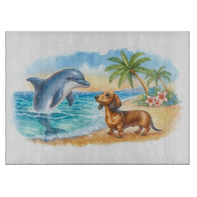 Dachshund on the Beach: Dolphin Encounter Cutting Board (Front)