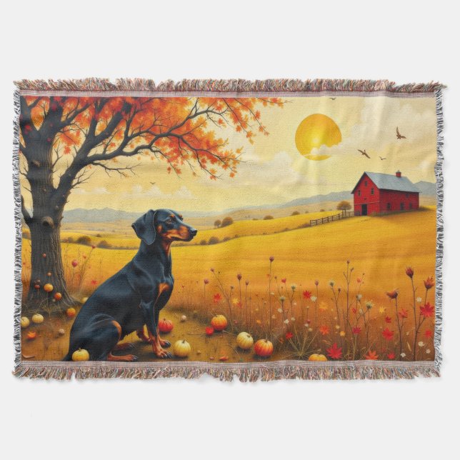 Dachshund on the farm at sunset throw blanket (Front)