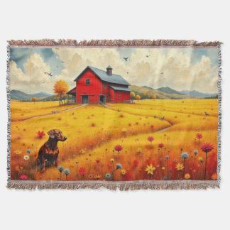 Dachshund on the farm in Autumn Throw Blanket