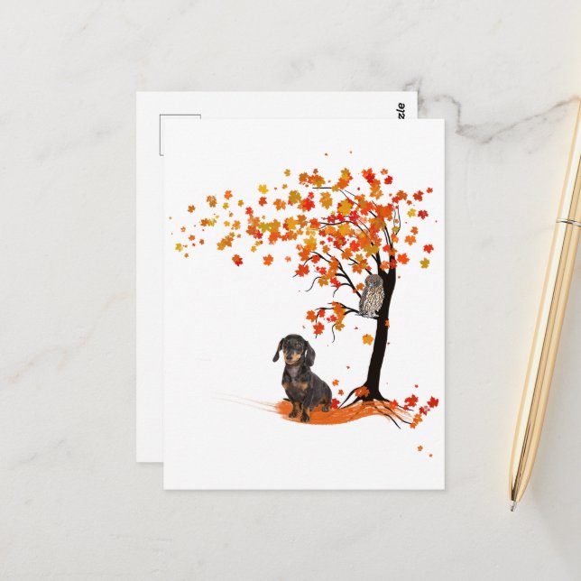 Dachshund Owl And Fall Tree Dachshund Lover Autumn Postcard (Front/Back In Situ)