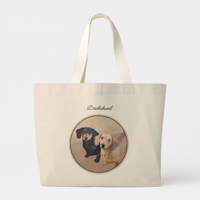 Dachshund Painting Smooth Black & Tan Red Dog Art Large Tote Bag (Back)