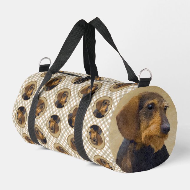 Dachshund Painting Wire-haired Black & Tan Dog Art Duffle Bag (Left Corner)