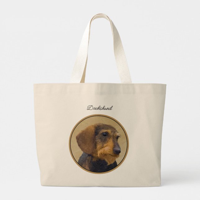 Dachshund Painting Wire-haired Black & Tan Dog Art Large Tote Bag (Back)