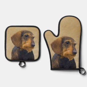 Dachshund Painting Wire-haired Black & Tan Dog Art Oven Mitt & Pot Holder Set