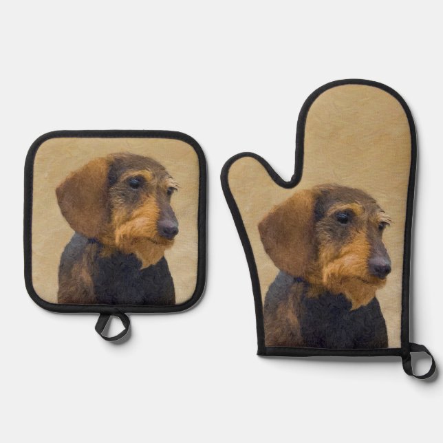 Dachshund Painting Wire-haired Black & Tan Dog Art Oven Mitt & Pot Holder Set (Front)