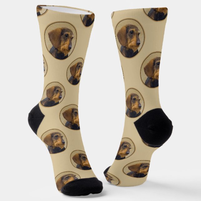 Dachshund Painting Wire-haired Black & Tan Dog Art Socks (Angled)