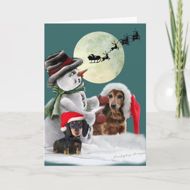 Dachshund Pals Posed with Snowman Cards (Front)