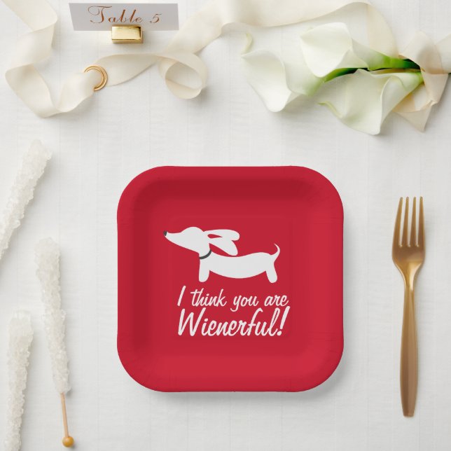 Dachshund Party Red "I think you are wienerful" Paper Plate (Wedding)